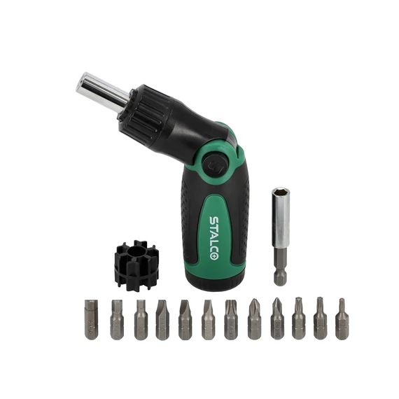 Stalco racsnis csavarhúzó készlet bitekkel, 1/4&quot;x25mm, 14 részes
