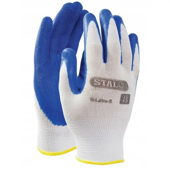 Stalco S-Latex B-Eco tenyérmártott poliészter kesztyű, fehér-kék, 11