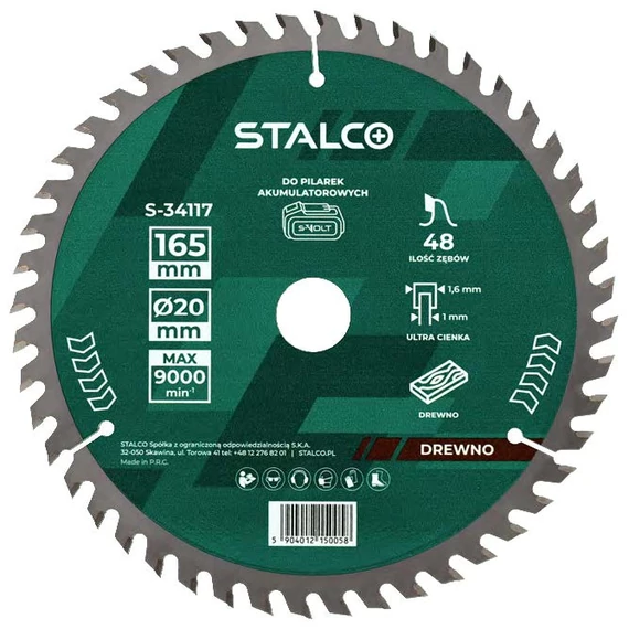 Stalco körfűrészlap akkus gépekhez, 48 fogas, 165x20mm