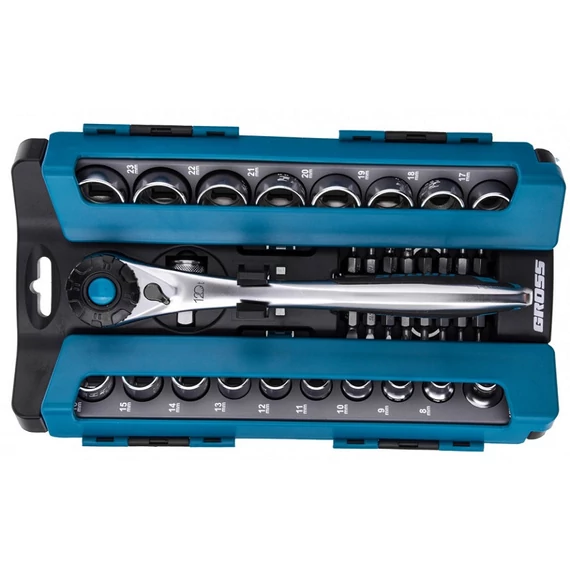 Gross dugókulcs készlet racsnis hajtókarral, CrV, 1/2&quot;-3/8&quot;, 4-24mm, 36 darabos