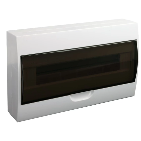 Falon kívüli elosztódoboz, füstszínű ajtóval, N/PE sínnel, 1×18 modul, IP40