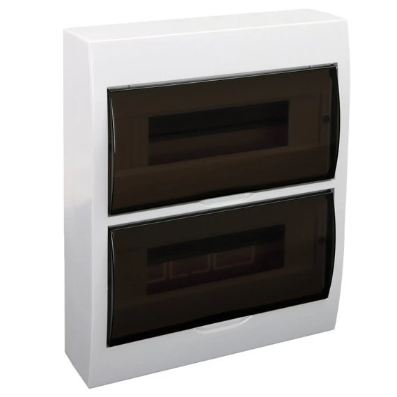 Falon kívüli elosztódoboz, füstszínű ajtóval, N/PE sínnel, 2×12 modul, IP40