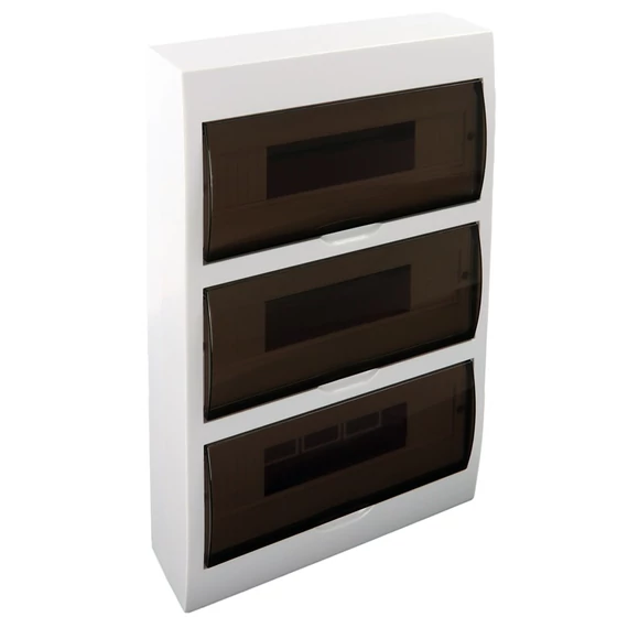 Falon kívüli elosztódoboz, füstszínű ajtóval, N/PE sínnel, 3×14 modul, IP40
