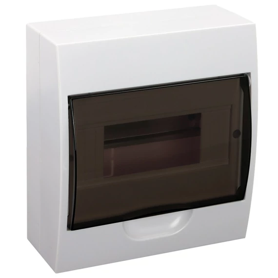Falon kívüli elosztódoboz, füstszínű ajtóval, N/PE sínnel, 1×8 modul, IP40