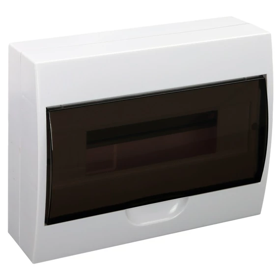 Falon kívüli elosztódoboz, füstszínű ajtóval, N/PE sínnel, 1×12 modul, IP40