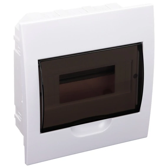 Süllyesztett elosztódoboz, füstszínű ajtóval, N/PE sínnel, 1×8 modul, IP40