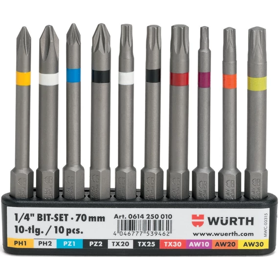 Würth bitkészlet, hosszított, 1/4&quot;, övcsiptetővel, 10 darabos