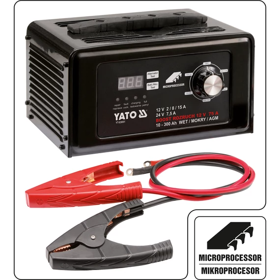 Yato Akkumulátor töltő 12-24V, 15A, 50-600Ah