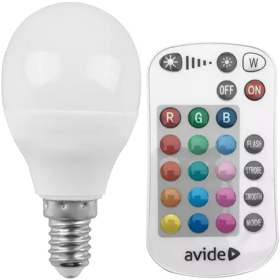 Avide Smart LED izzó távirányítóval, kis gömb, színes+fehér, E14, 4.9W