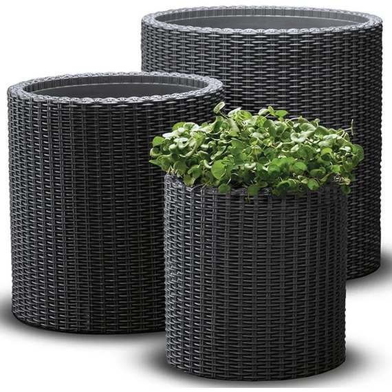 Keter Cylinder Planters műrattan virágcserép szett, szürke, 3db