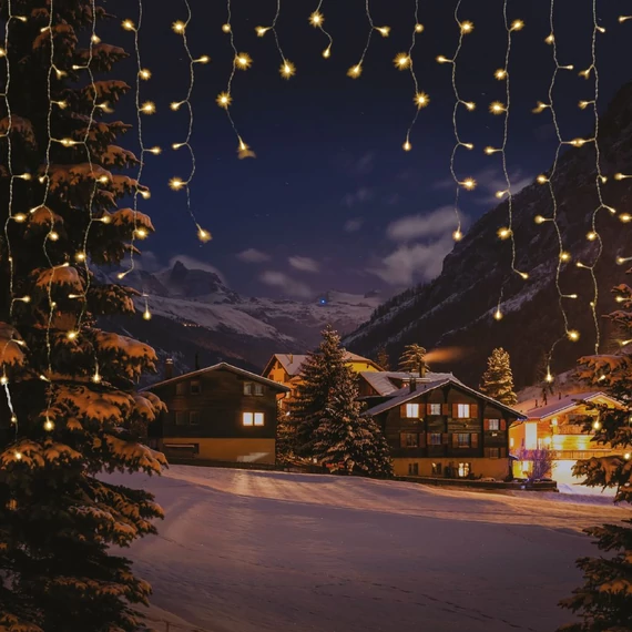 Árkád fényfüggöny, meleg fehér, átlátszó kábel, 220LED, 2x2m