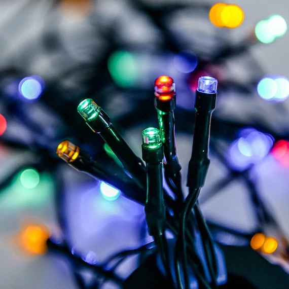 Kültéri fényfüzér, színes, zöld kábel, timer funkció, 40LED, 3.2m