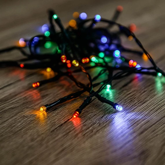 Kültéri fényfüzér, színes, zöld kábel, 120LED, 6m