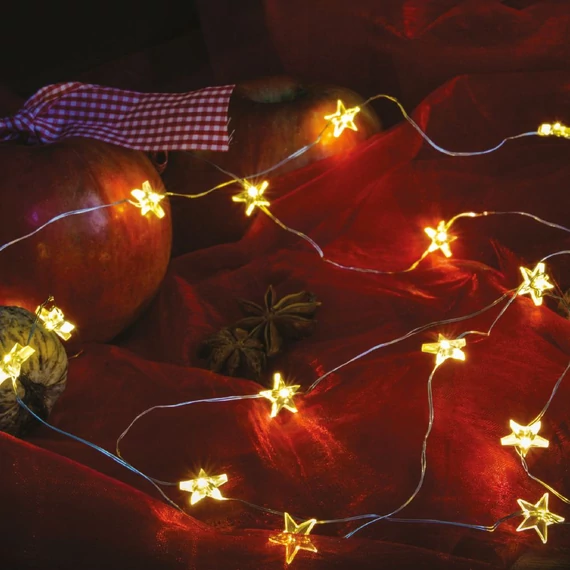 Tündérfény csillagokkal, meleg fehér, ezüst kábel, 20LED, 2m
