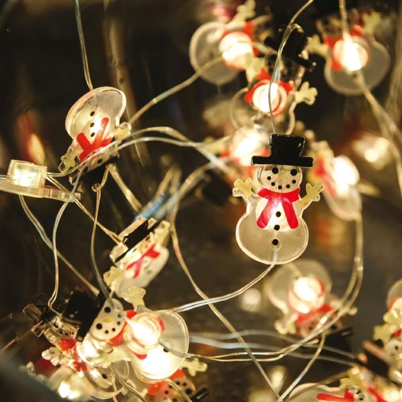 Tündérfény hóemberrel, meleg fehér, ezüst kábel, 20LED, 2m