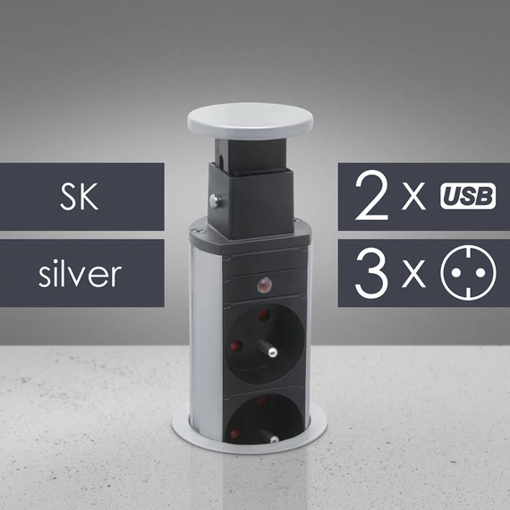 Delight rejtett 3-as elosztó, 2db USB, szlovák, ezüst