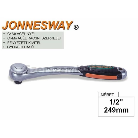 Jonnesway Profi Racsnis Hajtókar 1/2" / 249mm / 72fog / Hajlított