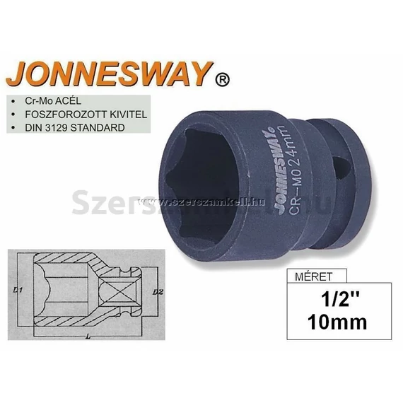 Jonnesway gépi dugókulcsfej, üthető, 1/2&quot;, 10x38mm
