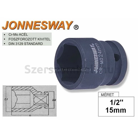 Jonnesway gépi dugókulcsfej, üthető, 1/2&quot;, 15x38mm