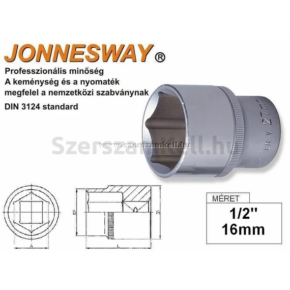 Jonnesway Profi dugókulcsfej, 1/2&quot;, 16x38mm