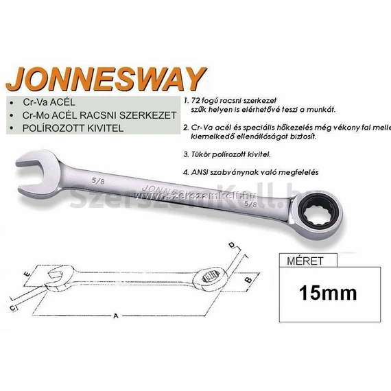 Jonnesway Profi racsnis csillag-villáskulcs, 15mm