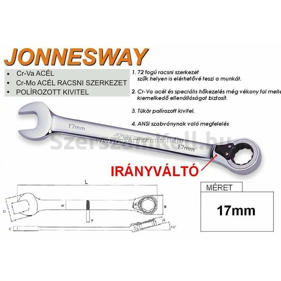 Jonnesway Profi irányváltós racsnis csillag-villáskulcs, 17mm
