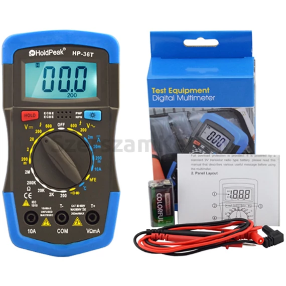 HoldPeak 36T digitális multiméter (VDC, VAC, ADC, ellenállás, hőmérséklet, dióda, hFE, szakadás)
