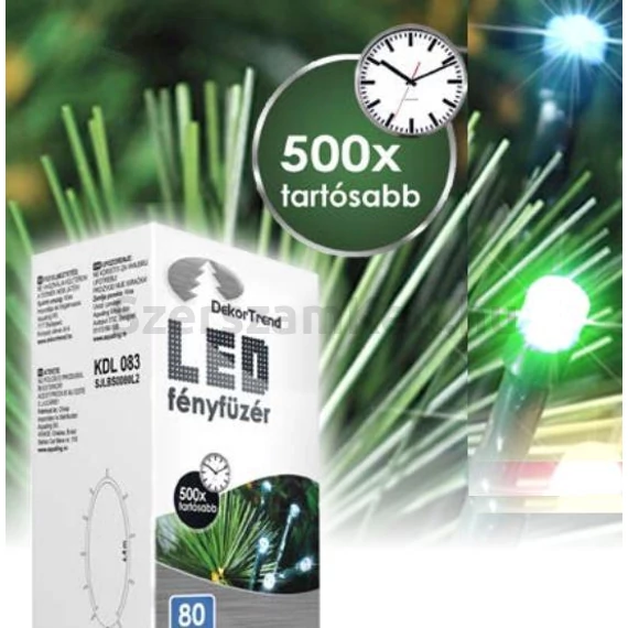 LED karácsonyi fényfüzér, színes, zöld kábel, 40LED, 3m